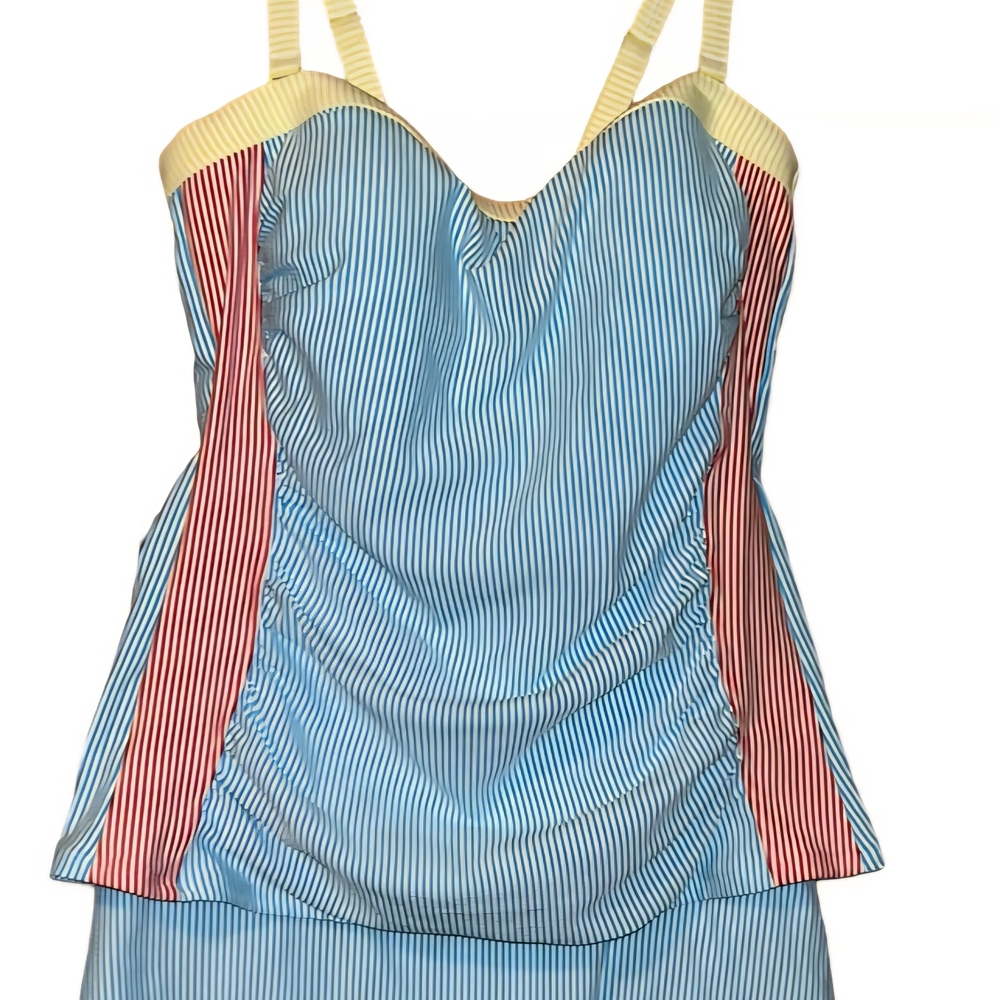Lands' End Blue and Red Striped Women's Swim Top